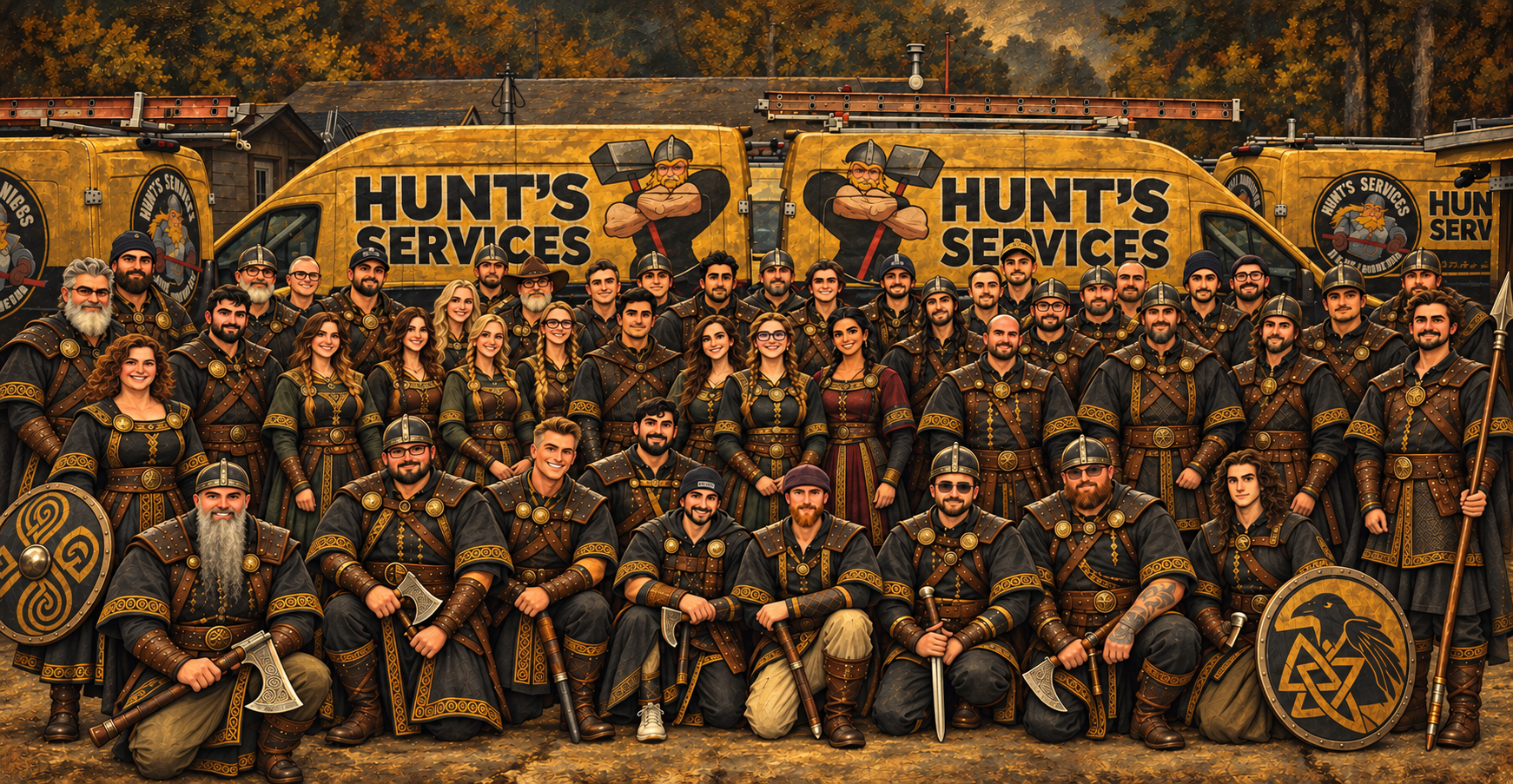The Hunt’s Services team illustrated as Vikings in front of yellow service vans